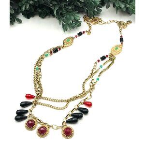 Vintage Layered Gold Chain Necklace With Red & Black Beads & Faux Ruby Beads